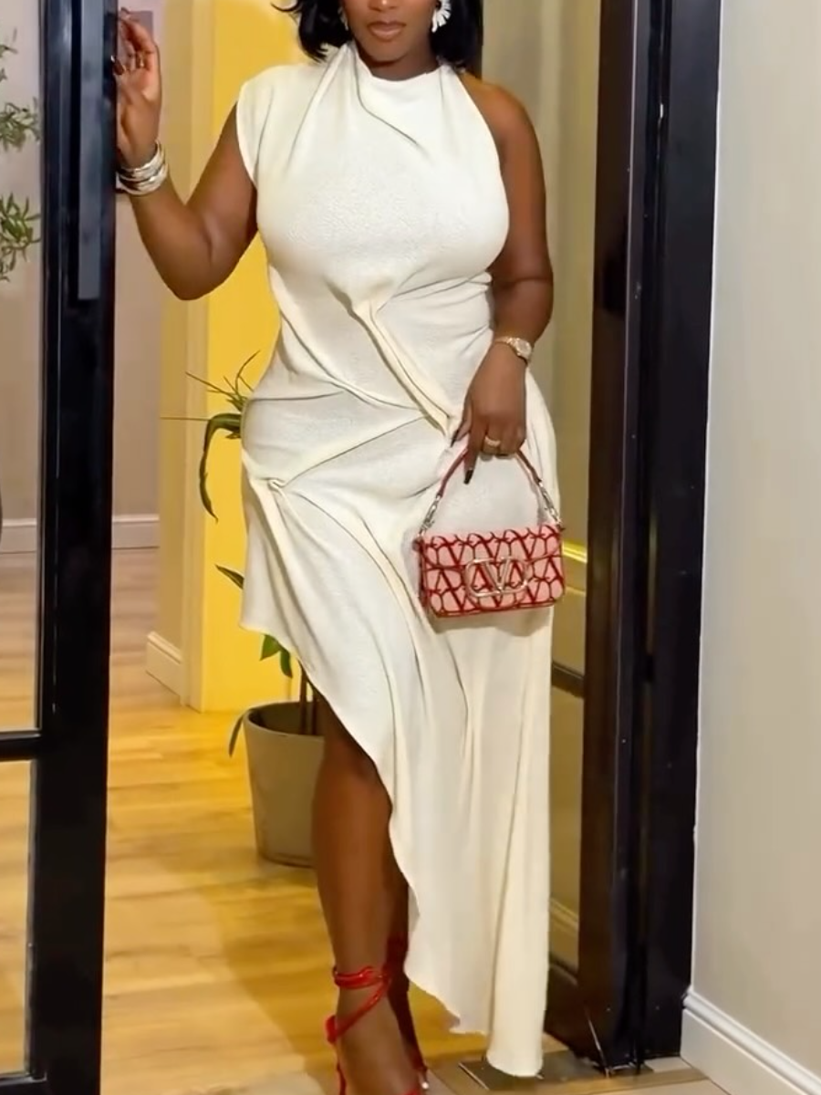 Women's Elegant Mock Neck Sleeveless High Slit White Midi Dress