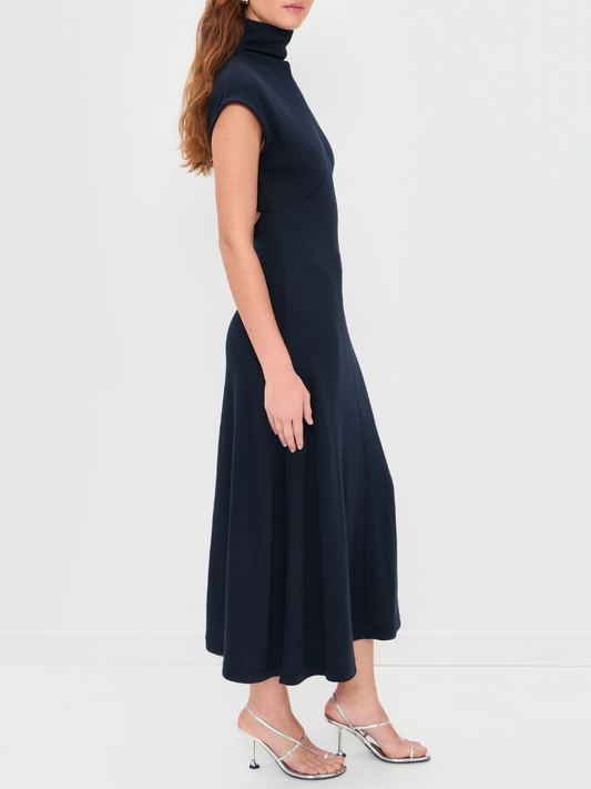 Navy Mock Neck Ribbed Dress