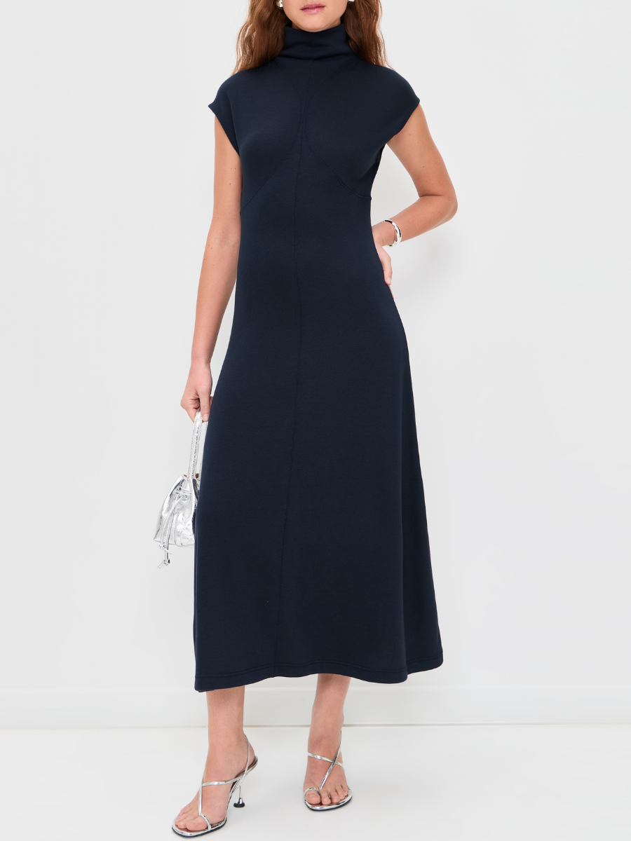 Navy Mock Neck Ribbed Dress
