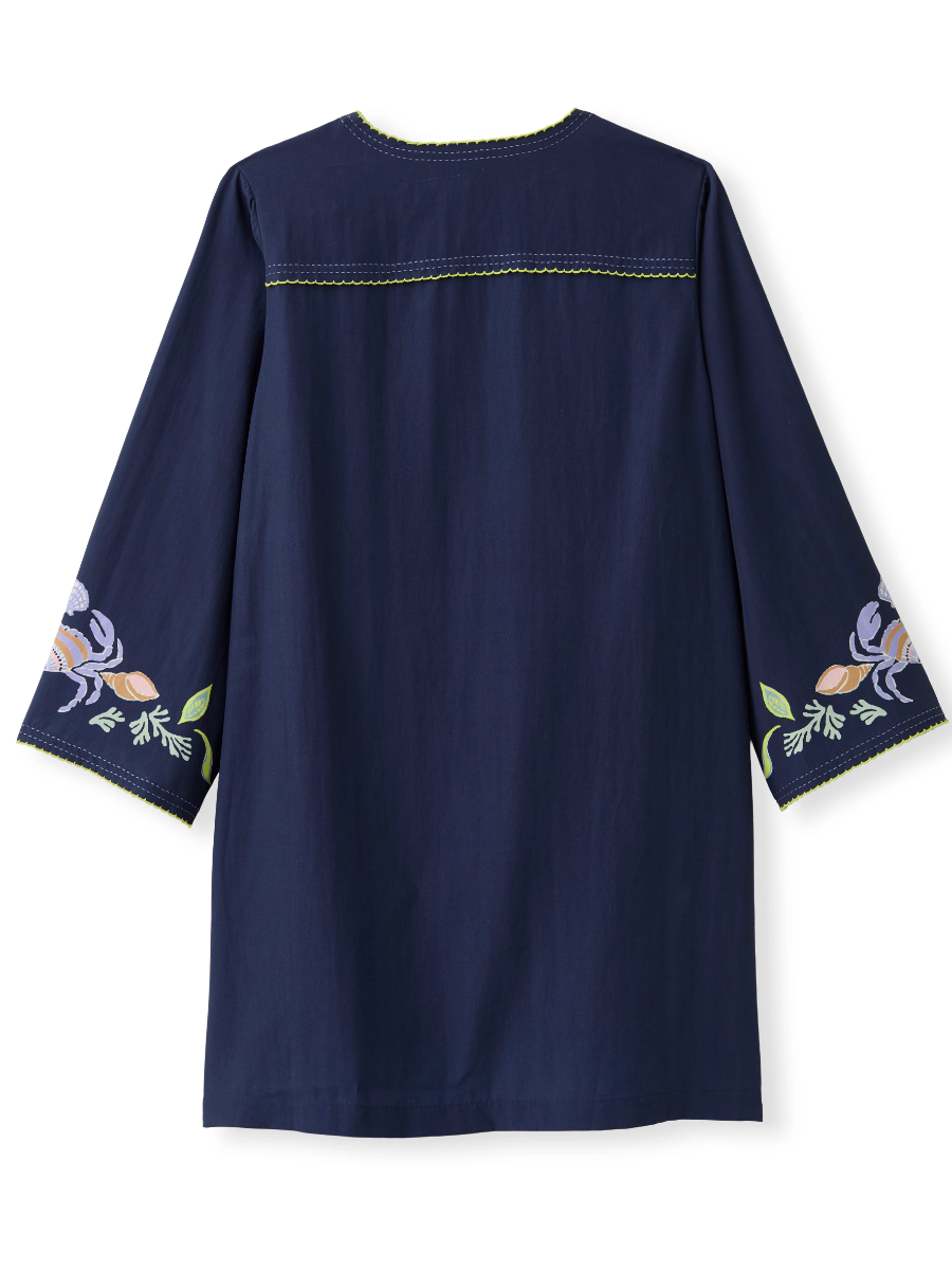 Coastal Floral Embroidered V-Neck Mini Dress with Bell Sleeves