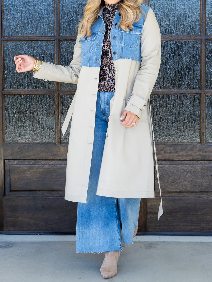 Denim Vest Patchwork Button-down Trench Coat