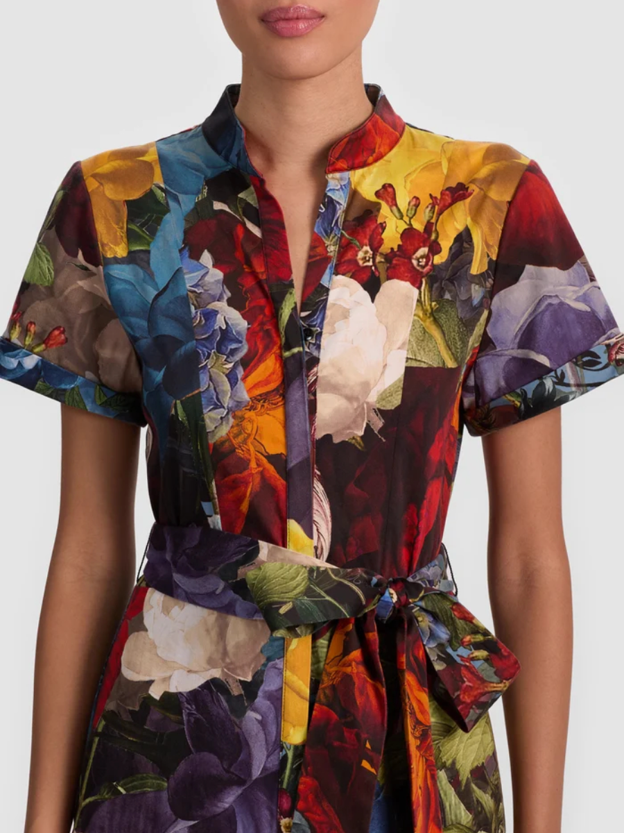 Floral Print Short Sleeve Belted Tiered Dress