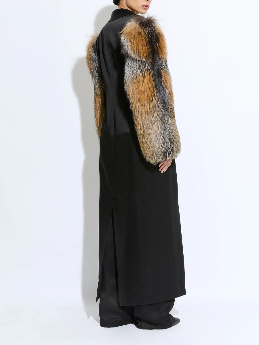 Satin Double Breasted Coat With Fur