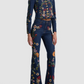 Embroidered Denim Military Jacket and Jeans Set