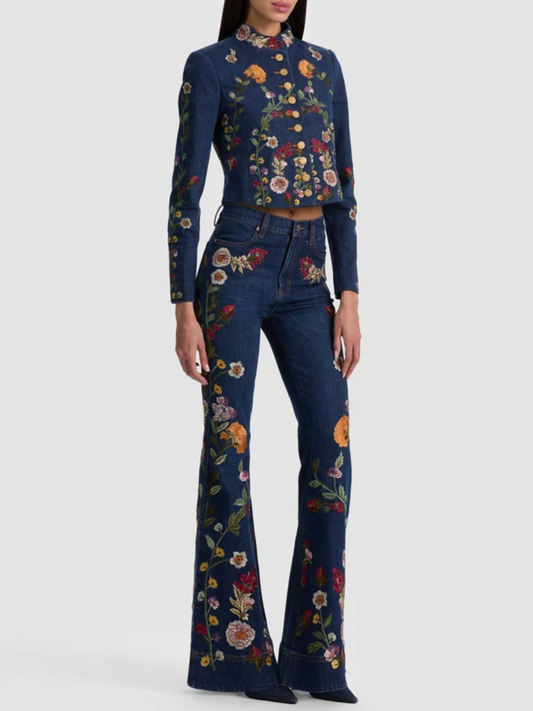 Embroidered Denim Military Jacket and Jeans Set