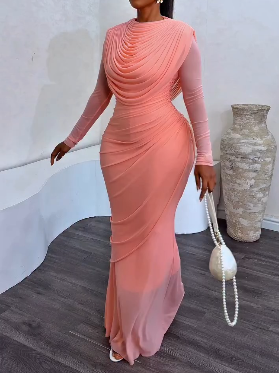 Elegant Draped Mesh Bodycon Maxi Dress