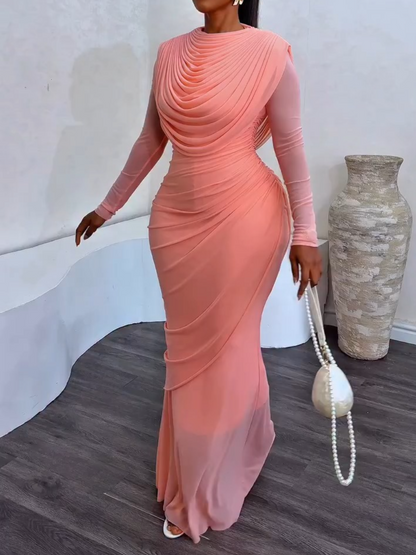 Elegant Draped Mesh Bodycon Maxi Dress