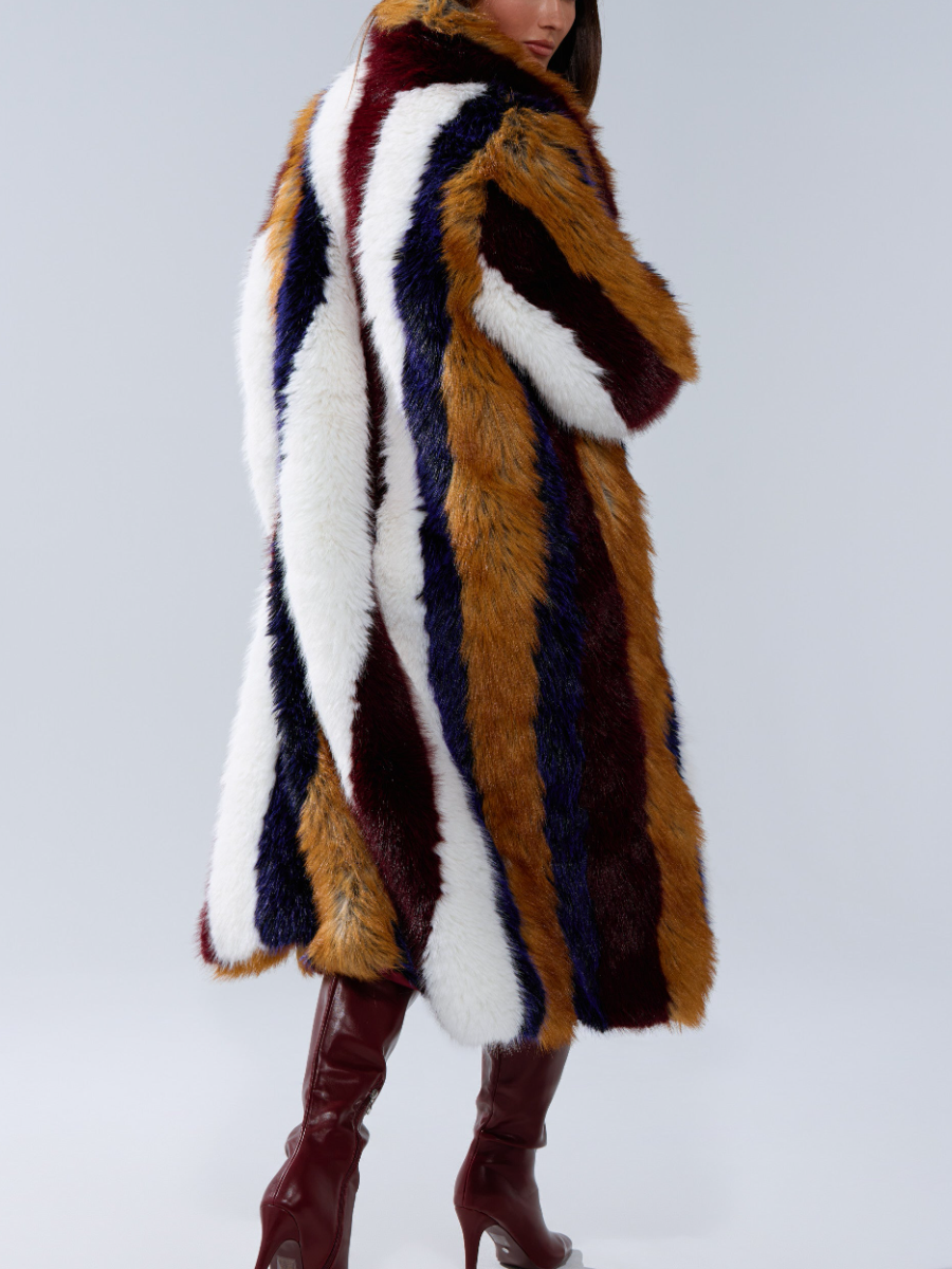 Faux Fur Contrast Vertical Stripe Coat