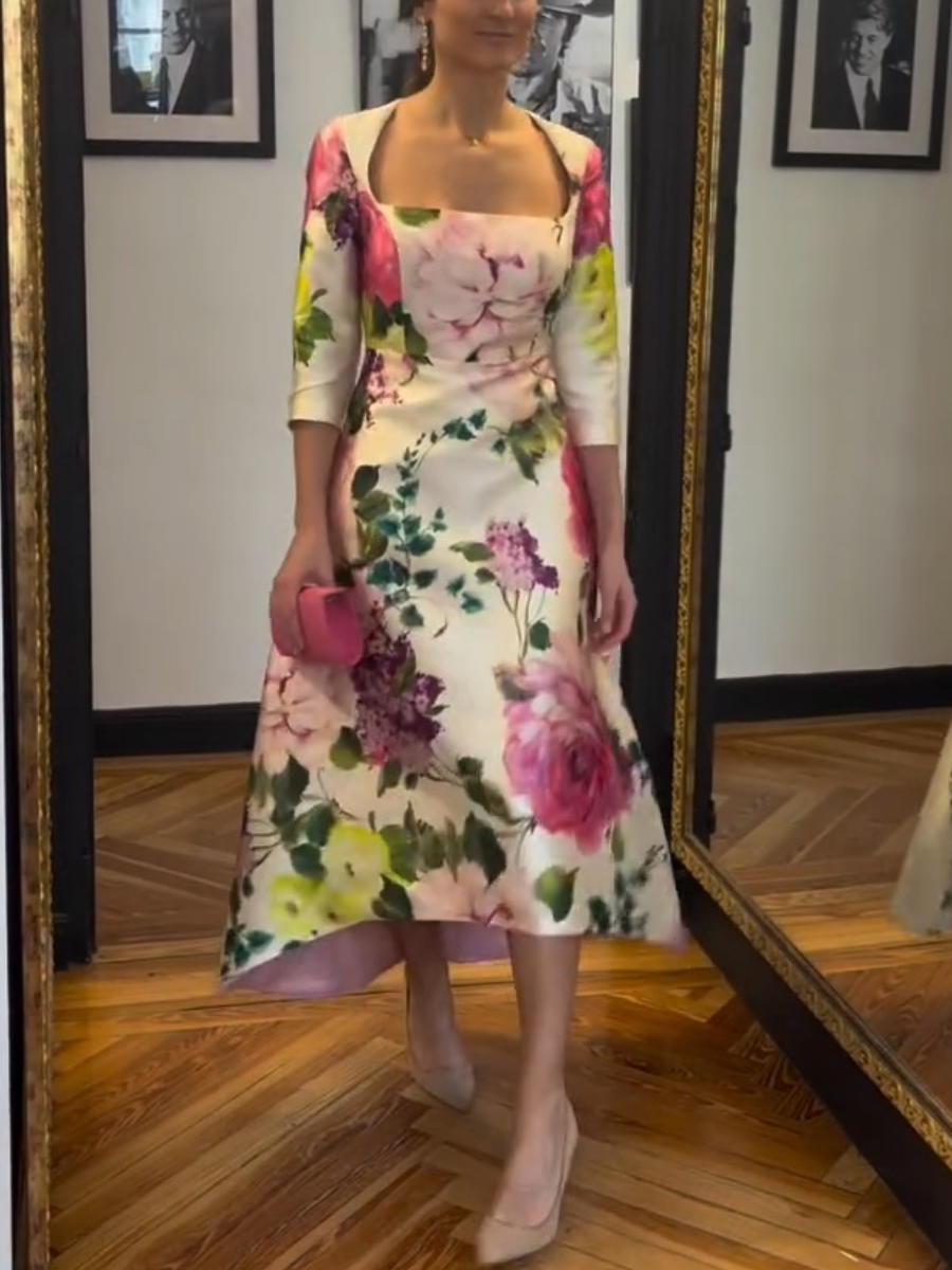 Elegant Square Neck 3/4 Sleeve Floral Print Midi Dress