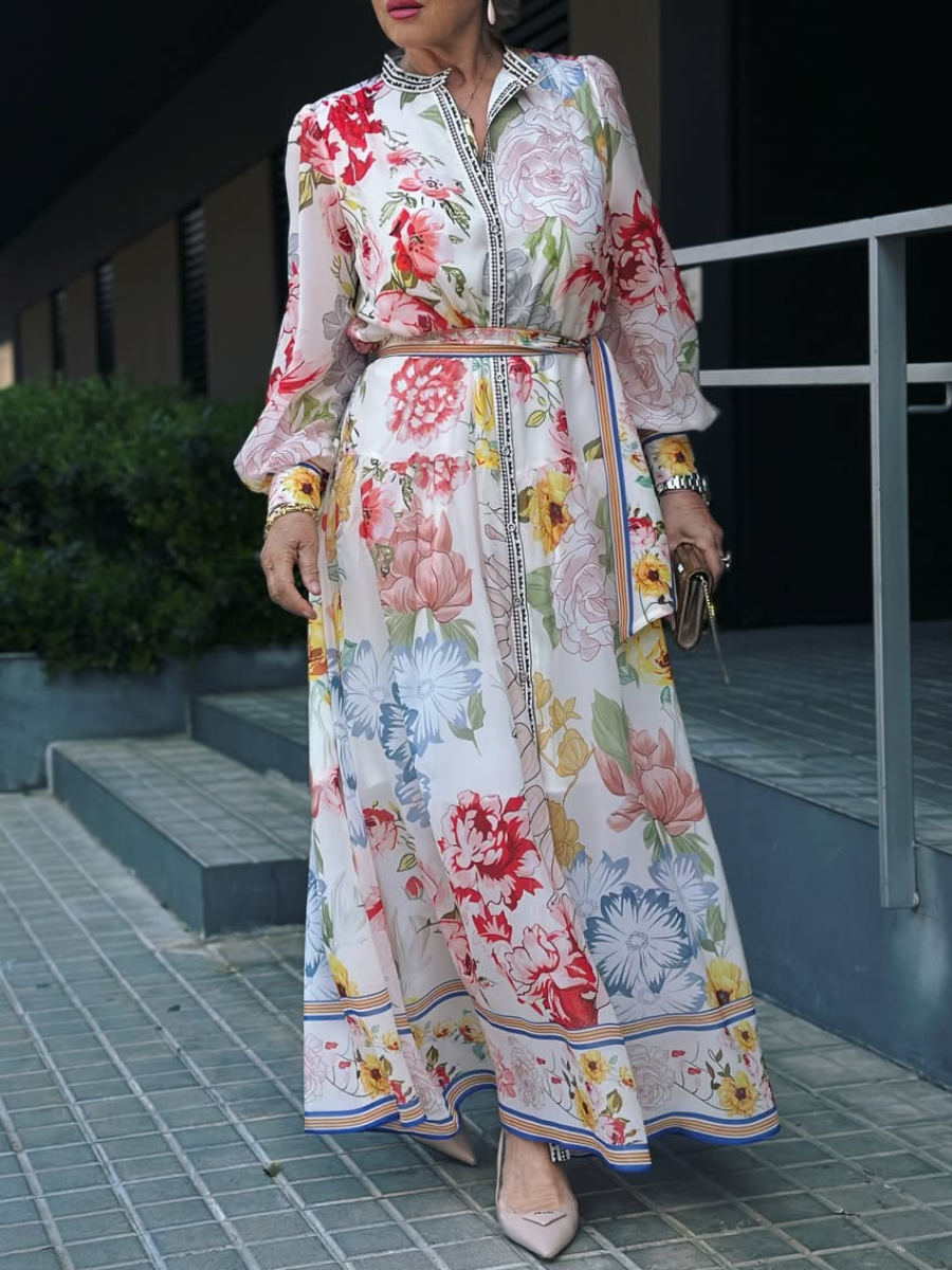 Long Sleeve Collared Floral Print Belted Maxi Dress