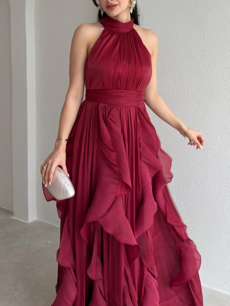 Halter Neck Ruffle Chiffon Maxi Dress