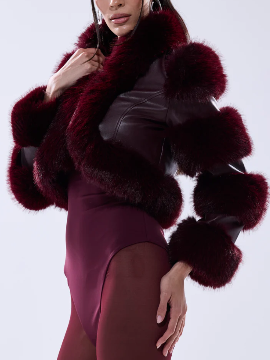Burgundy Faux Fur Motorcycle Jacket