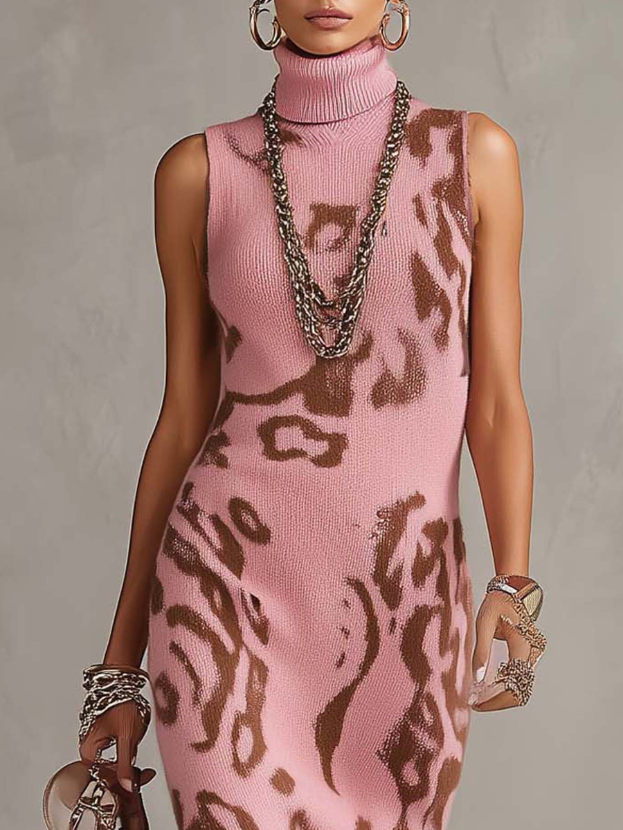 Leopard Print Pink Sleeveless Turtleneck Knit Dress
