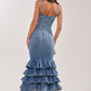 Deep V Neck Tiered Ruffle Mermaid Denim Maxi Dress