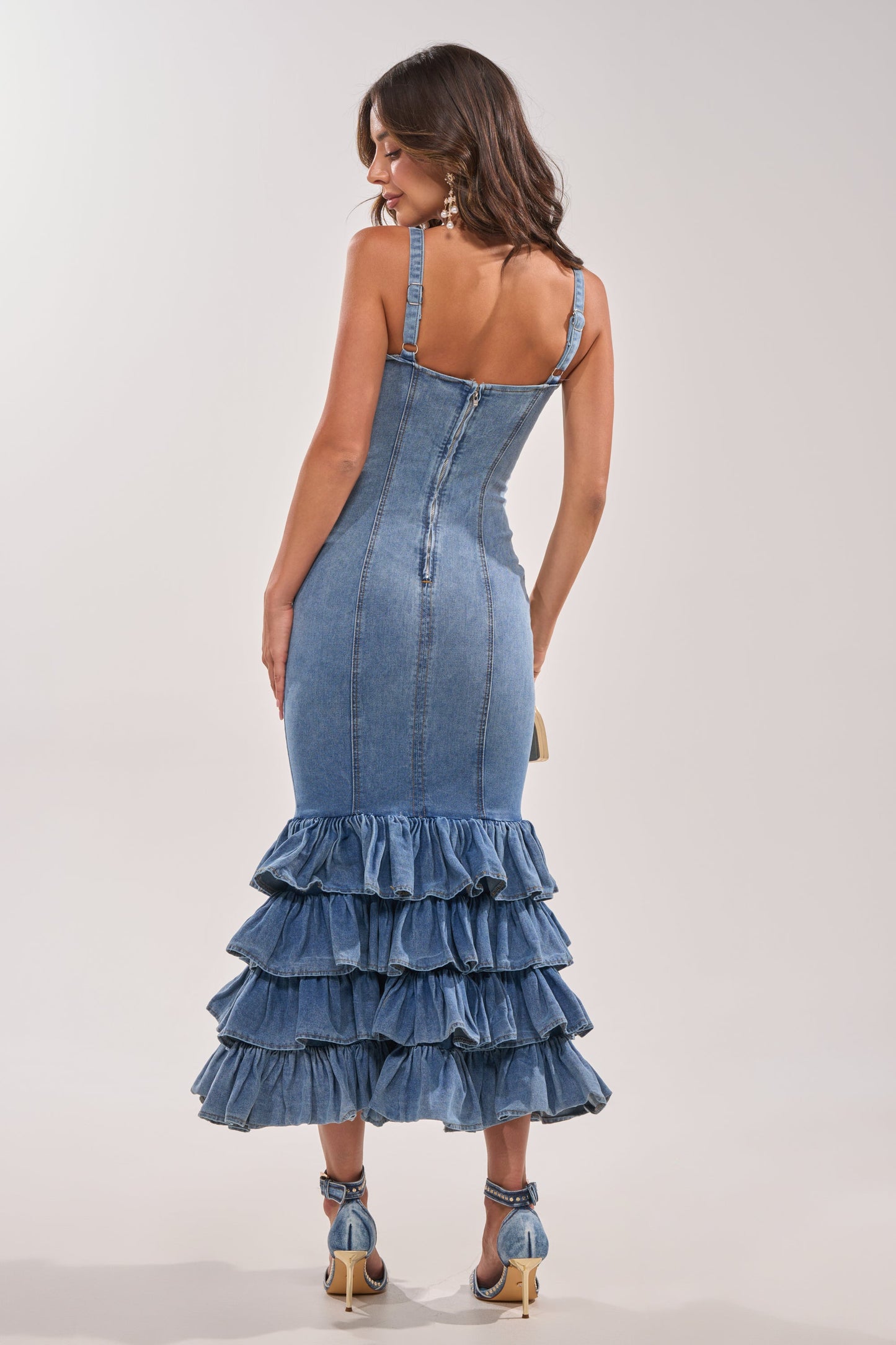 Deep V Neck Tiered Ruffle Mermaid Denim Maxi Dress