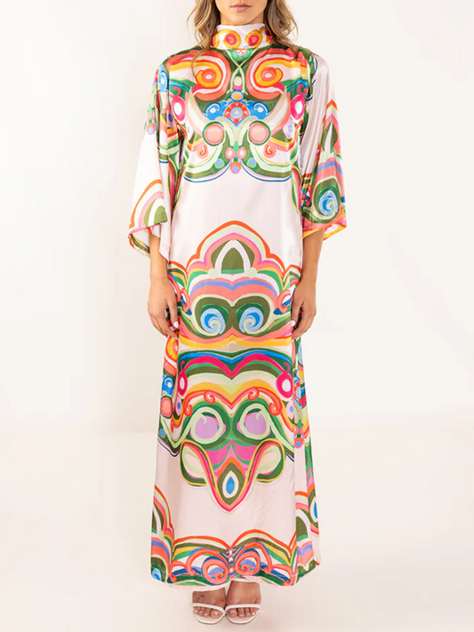 High Neck Bell Sleeve Psychedelic Swirl Print Maxi Dress