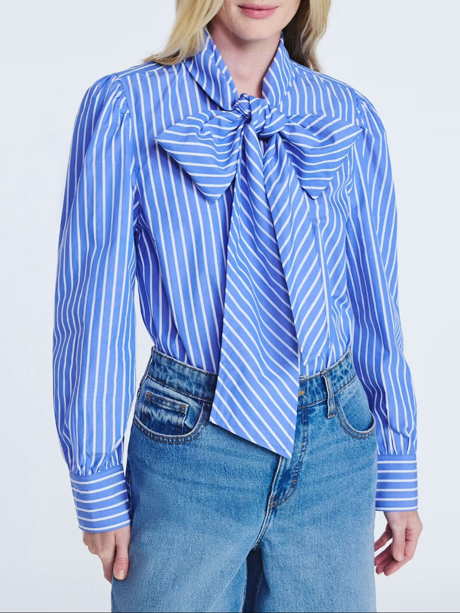 Women's Cotton Puff Sleeves Tie Neck Blouse