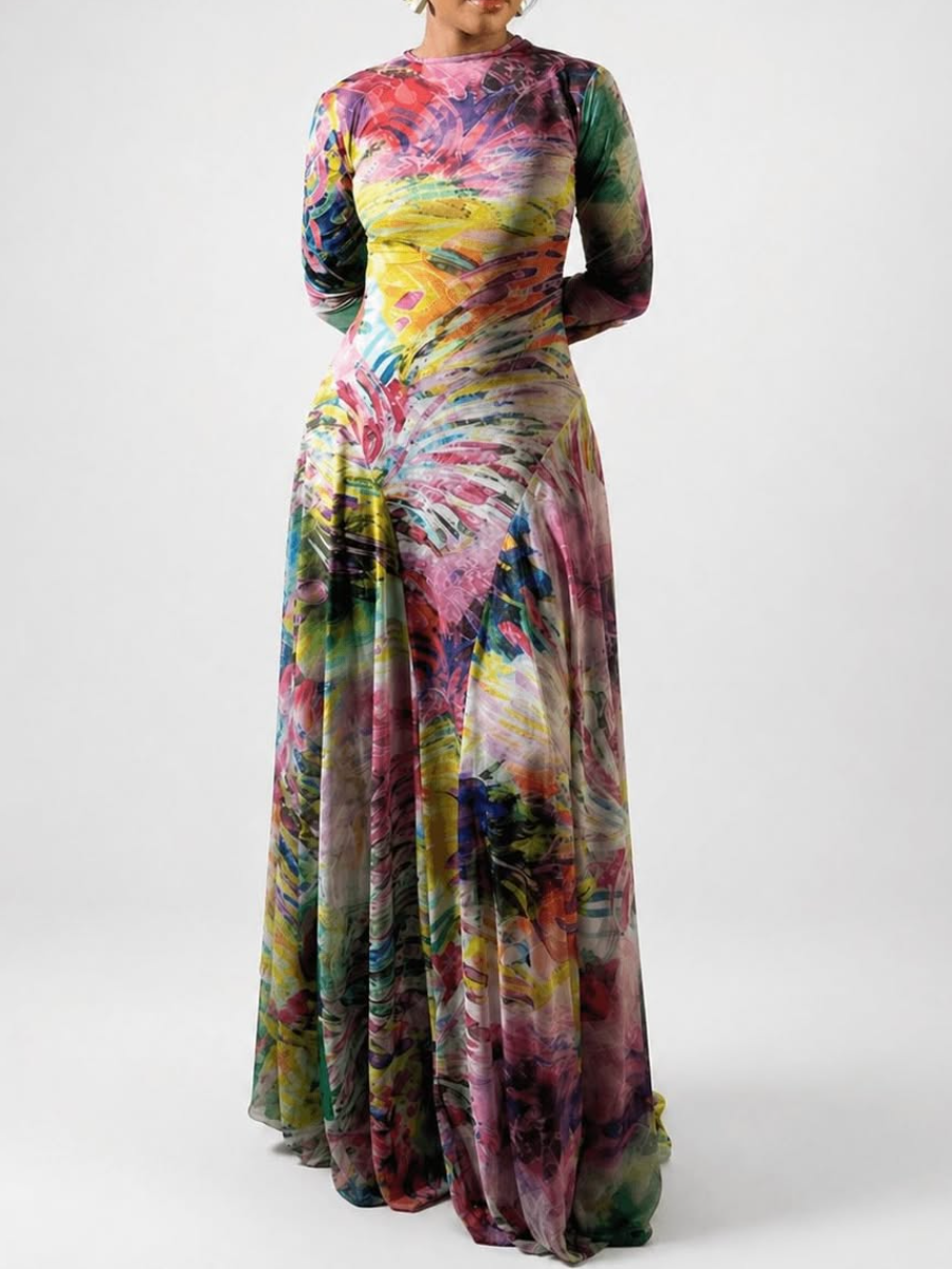 Vibrant Tie-Dye Spiral Print Long Sleeve Maxi Dress