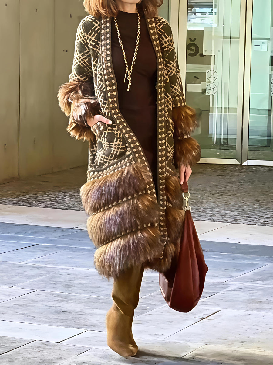 Faux Fur Patchwork Knitted Cardigan