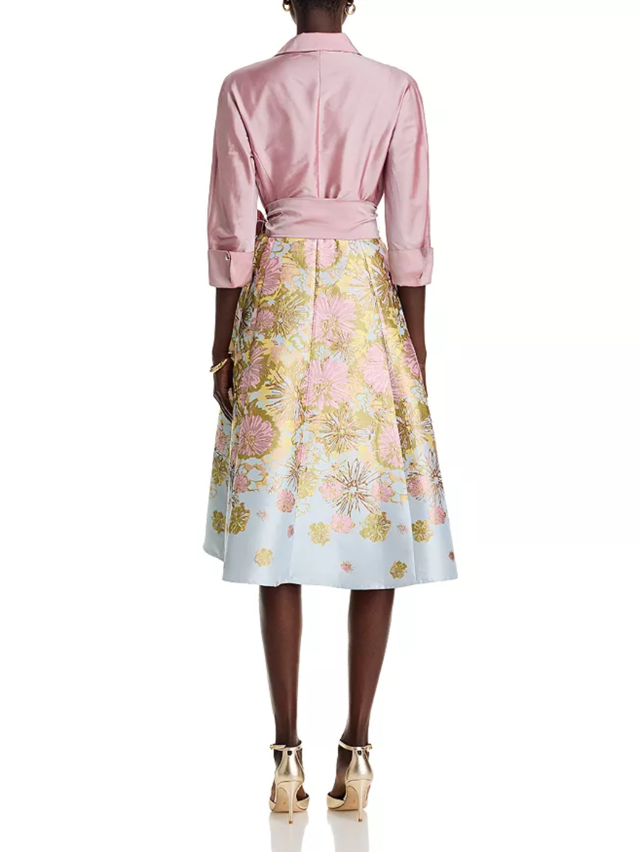 Mixed Media Floral Jacquard Shirt Dress