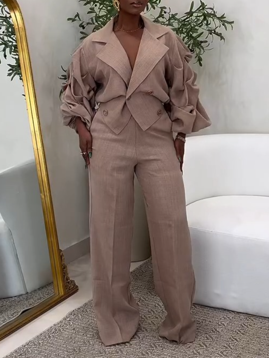 Lantern Sleeve Blazer Top And Wide Leg Pants Sets