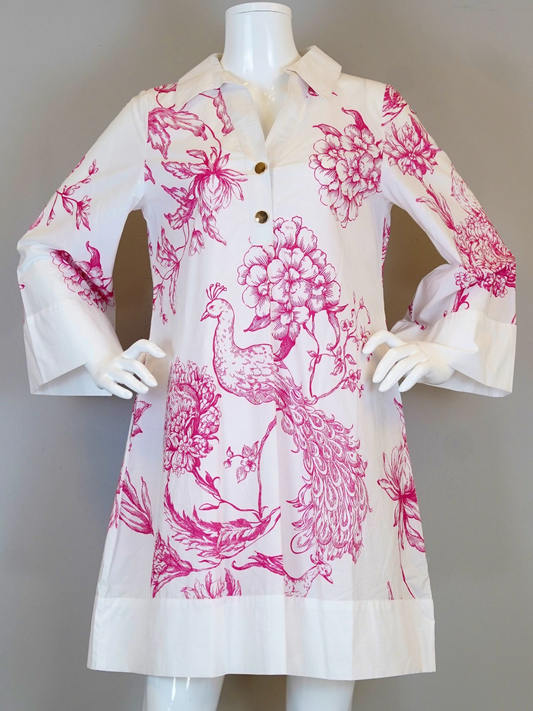 Vibrant Pink Botanical Peacock Midi Dress