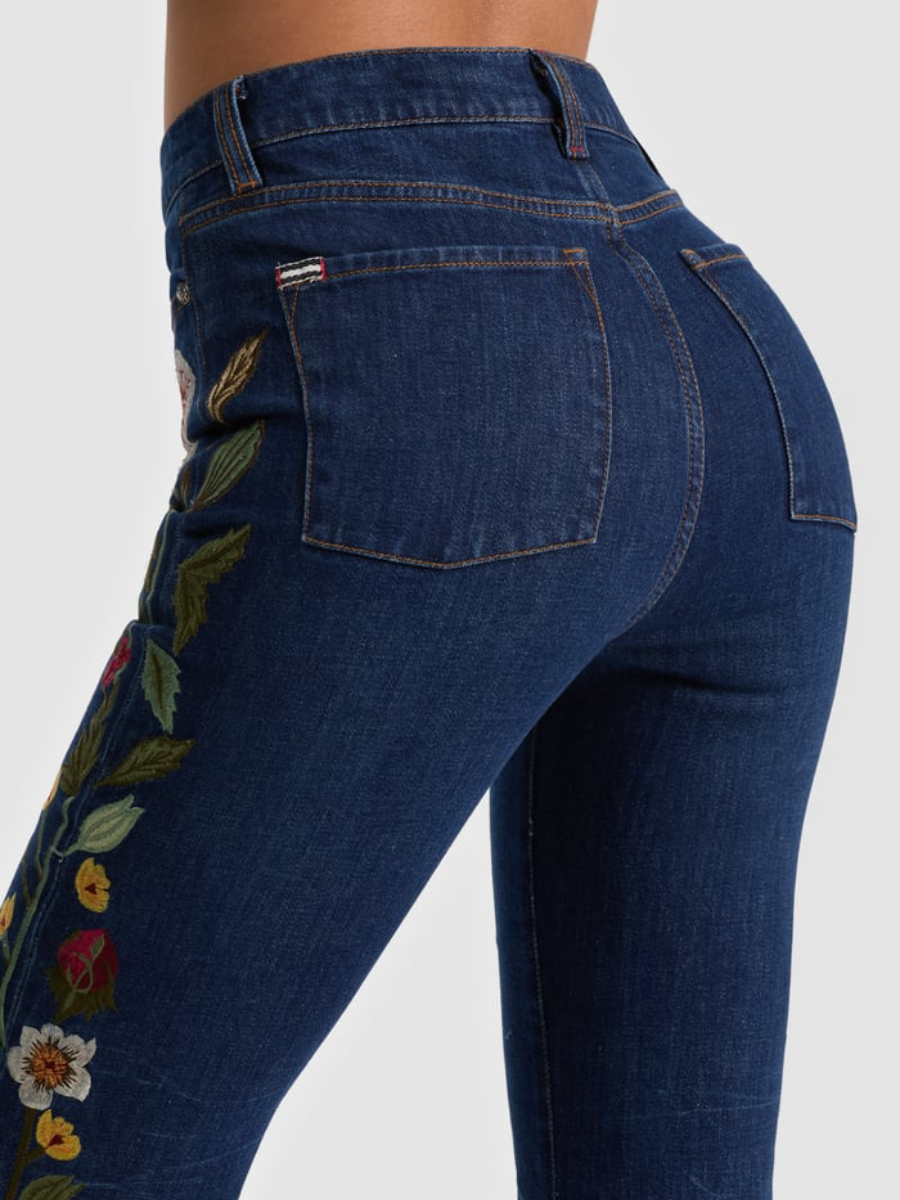 Embroidered Denim Military Jacket and Jeans Set