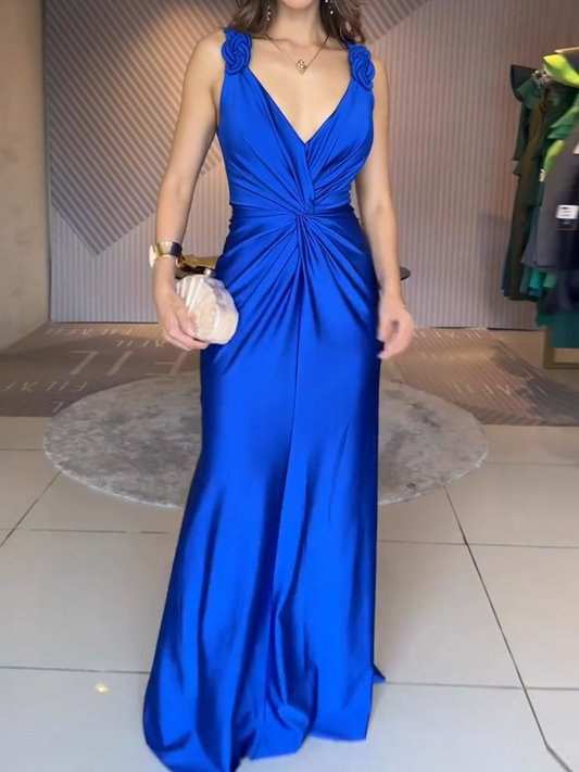 Royal Floral Strap Ruched Dress