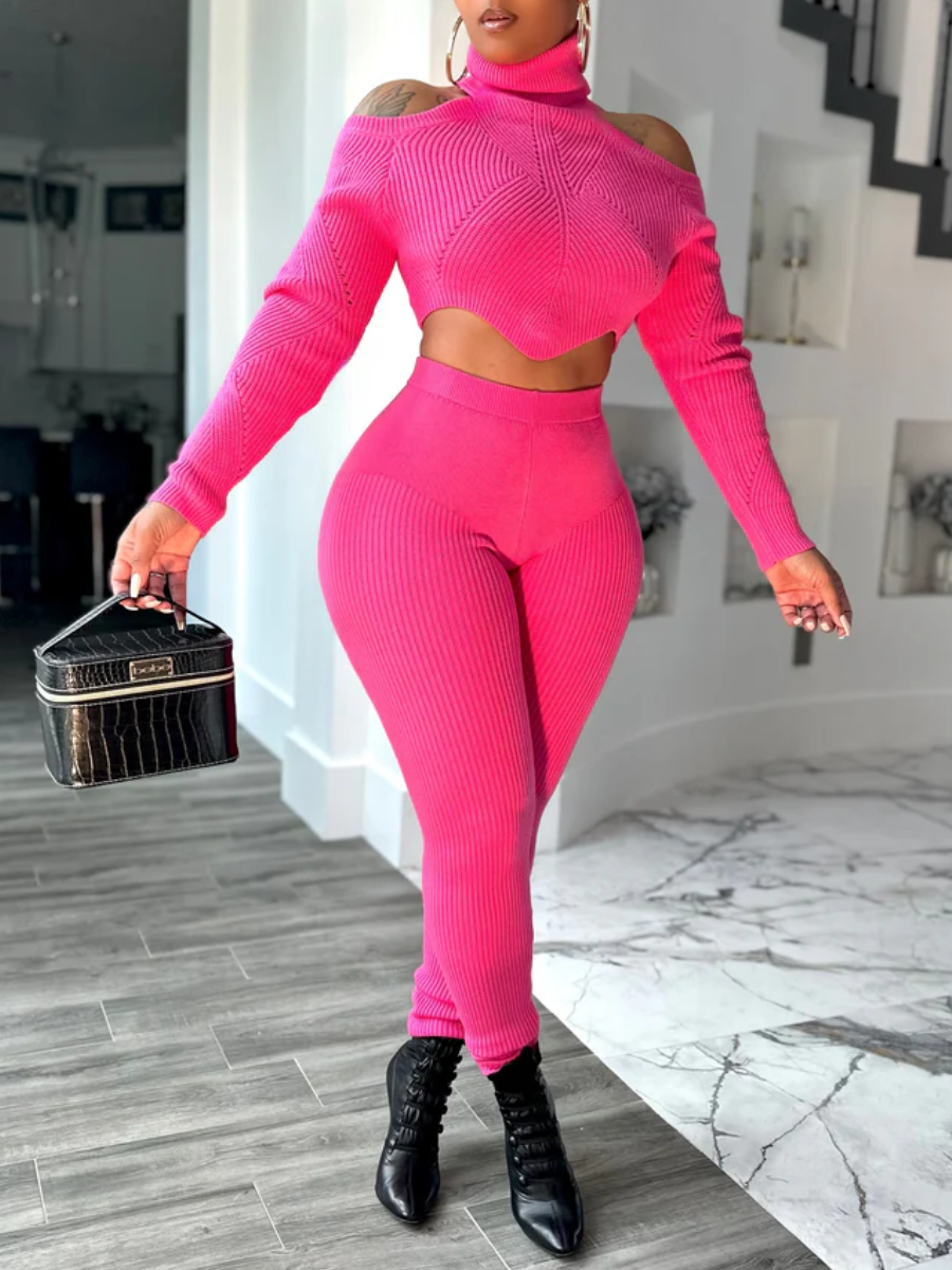 Shoulder Cut Out Stretch Pants Set