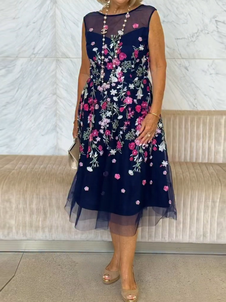 Navy Floral Embroidered Tulle Midi Dress