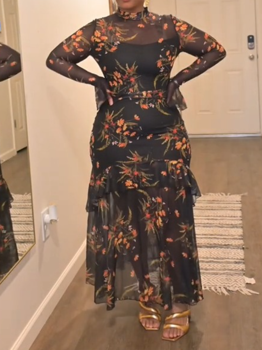 Floral Mesh Ruffle Maxi Dress