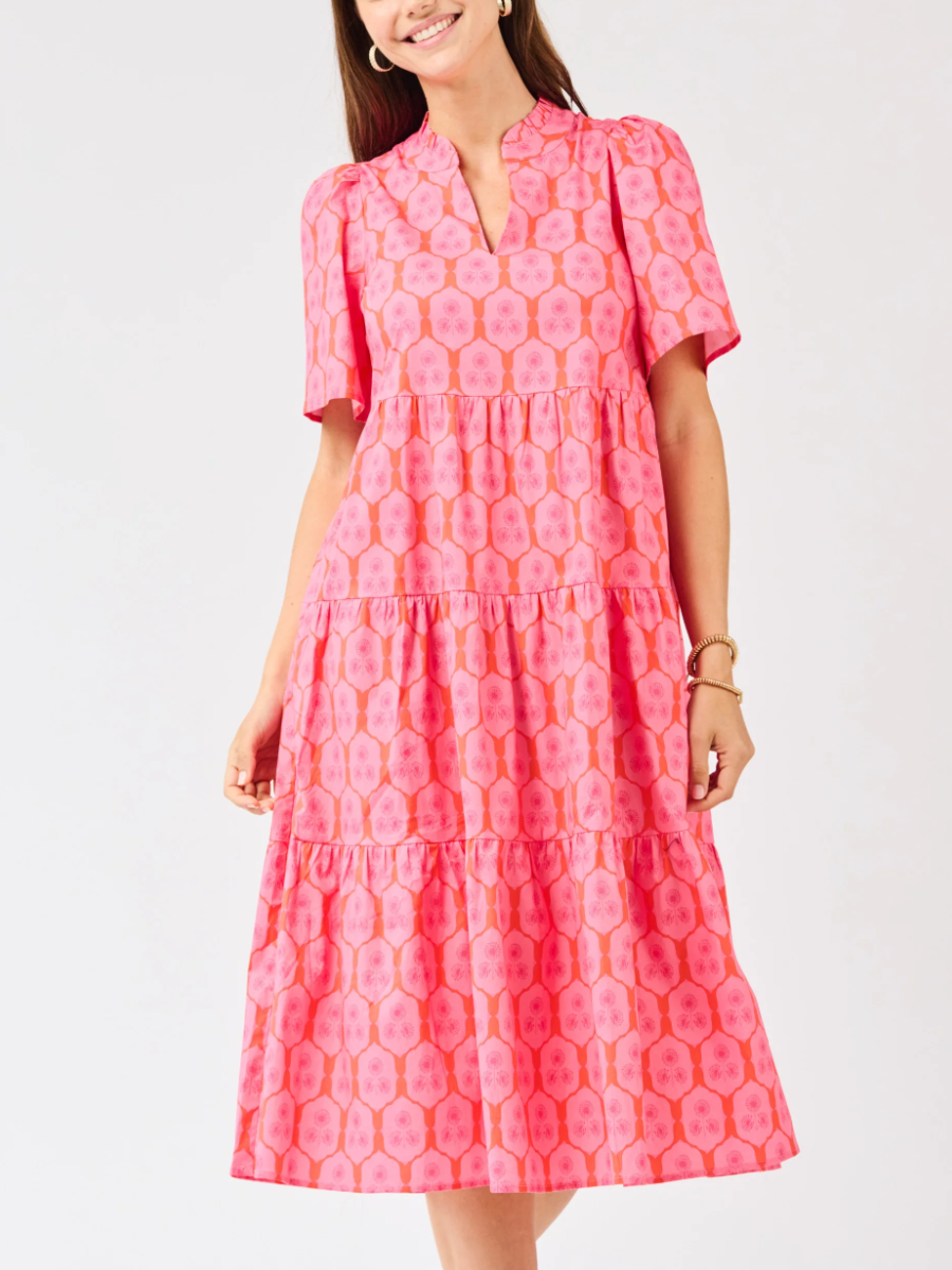 Charm Pink Flutter Sleeves Ruffle Neckline Dress