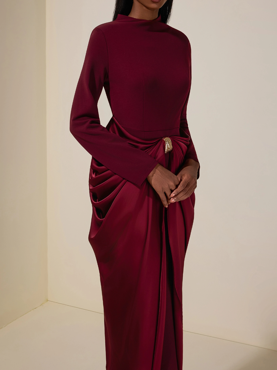 Satin Metal Decorations Long Sleeve Midi Dress