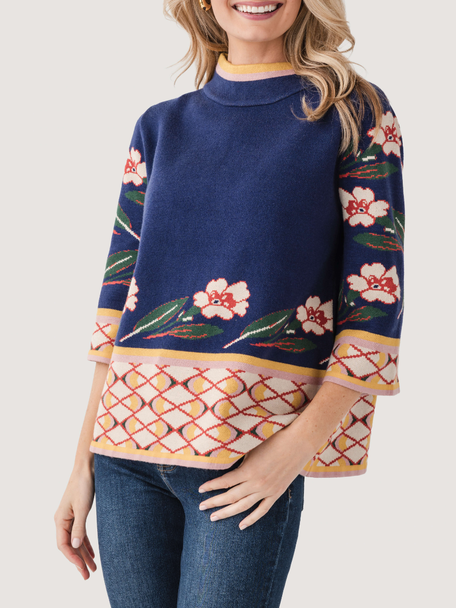 Fate Patterned Jacquard Knit Mock Neck Sweater