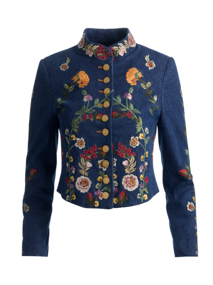 Embroidered Denim Military Jacket and Jeans Set
