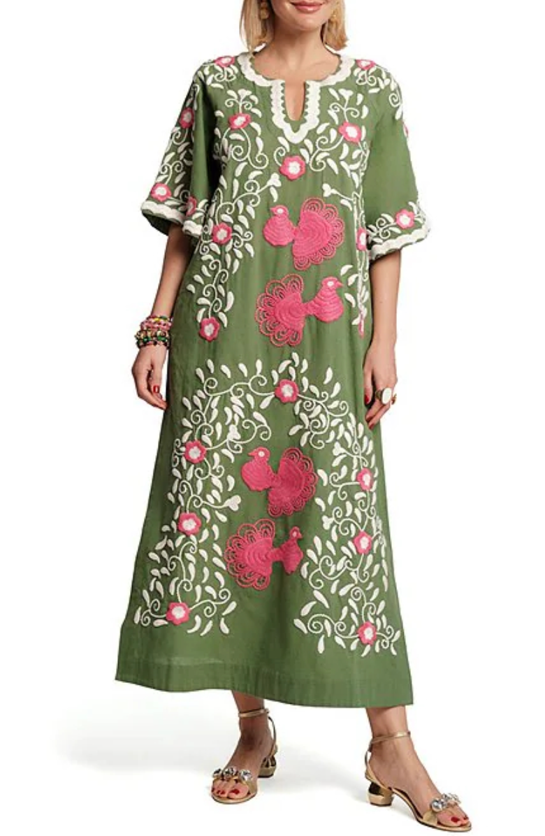 Charming Peacock Embroidery Split V-Neck 3/4 Sleeve Caftan