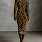 Women's Leopard Jacquard Knit Zipper Neck Midi Dress