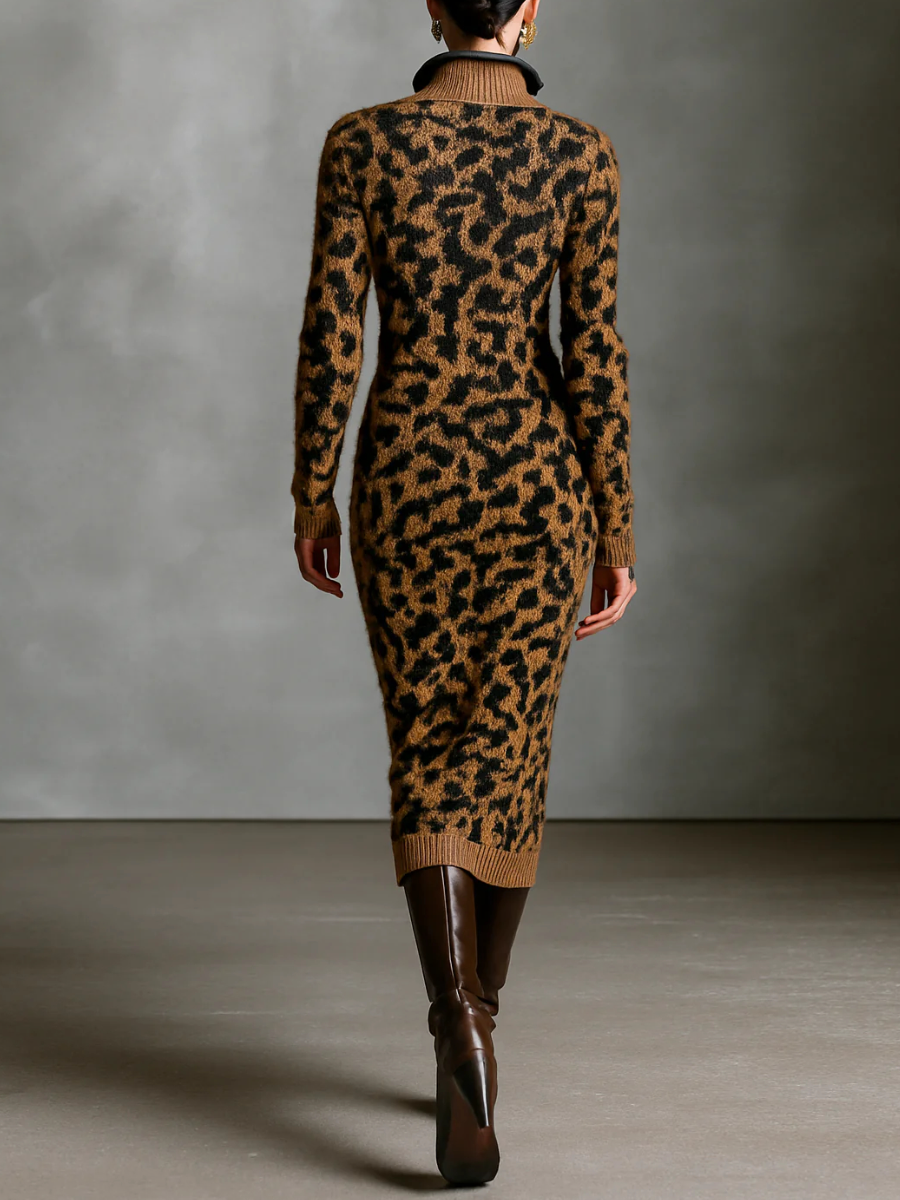 Women's Leopard Jacquard Knit Zipper Neck Midi Dress