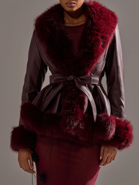 Burgundy Faux Fur Trim Moto Jacket