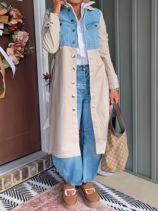 Denim Vest Patchwork Button-down Trench Coat