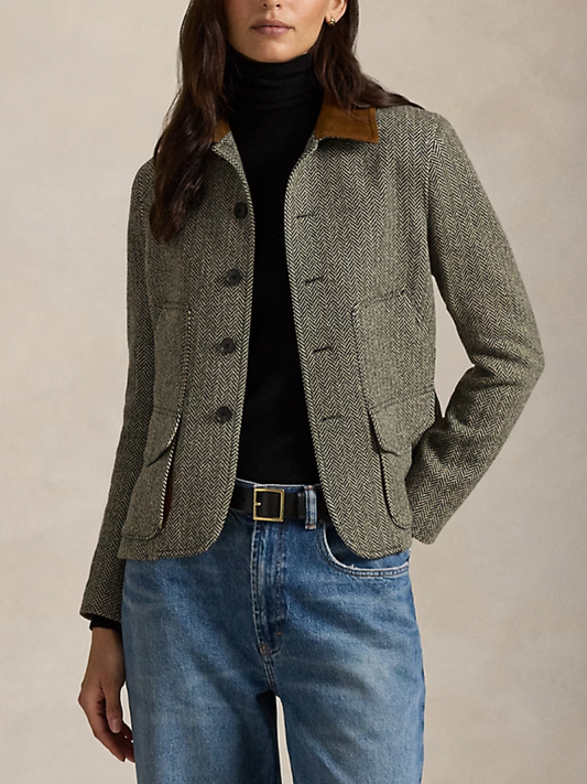 Suede-Trim Herringbone Jacket