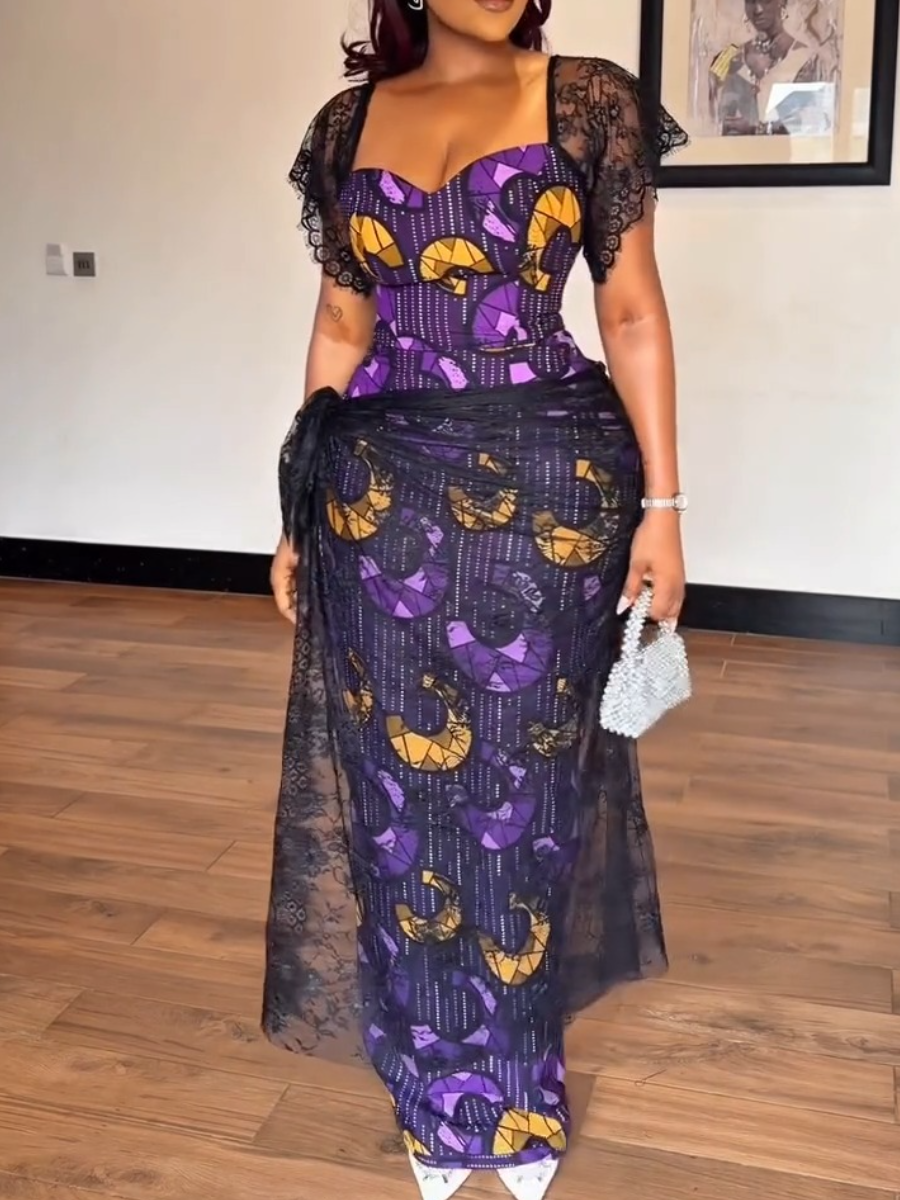 Purple & Gold Ankara Maxi Dress with Black Lace Overlay