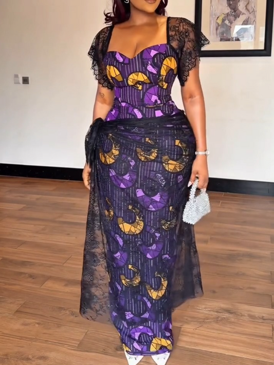 Purple & Gold Ankara Maxi Dress with Black Lace Overlay