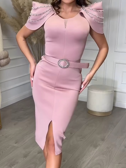 Elegant Pink Dress With Shoulder Rhinestone Design