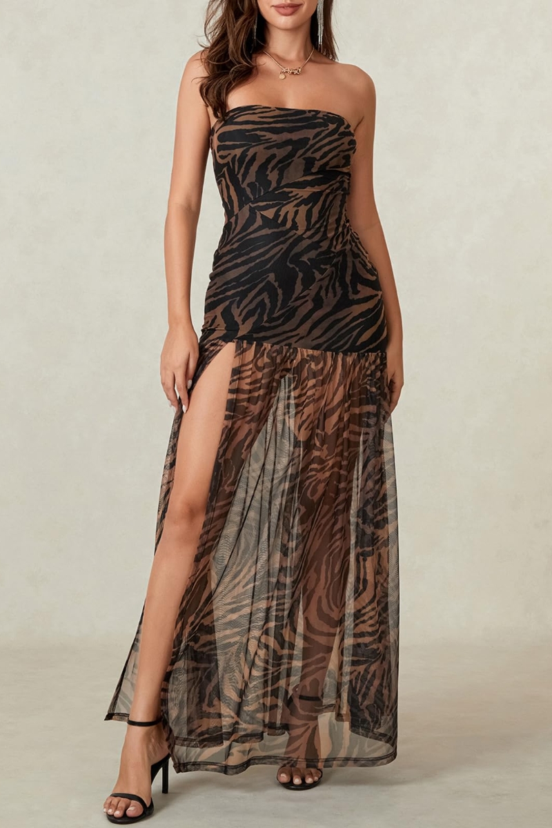 Side Slit Printed Sheer Strapless Dress