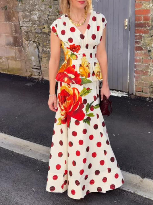 Red Polka Dot Floral Two-Piece Dress