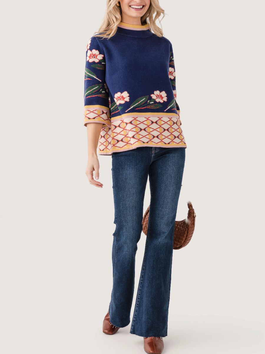 Fate Patterned Jacquard Knit Mock Neck Sweater