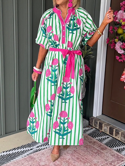 V-Neck Half Sleeve Striped Floral Print Belted Dress