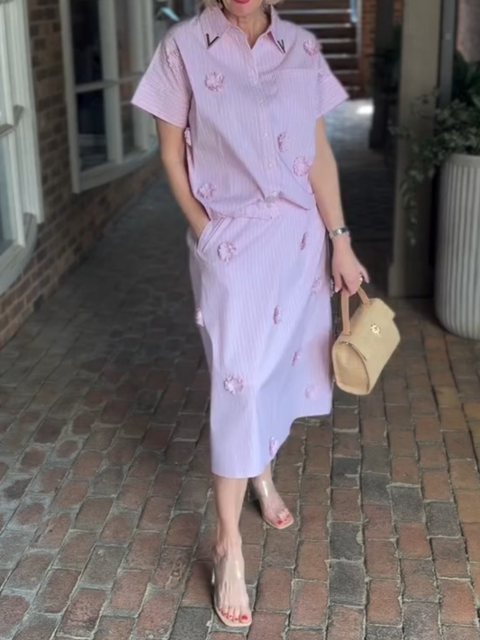Pink Striped 3D Floral Embroidered Shirt & Midi Skirt Two-Piece Set