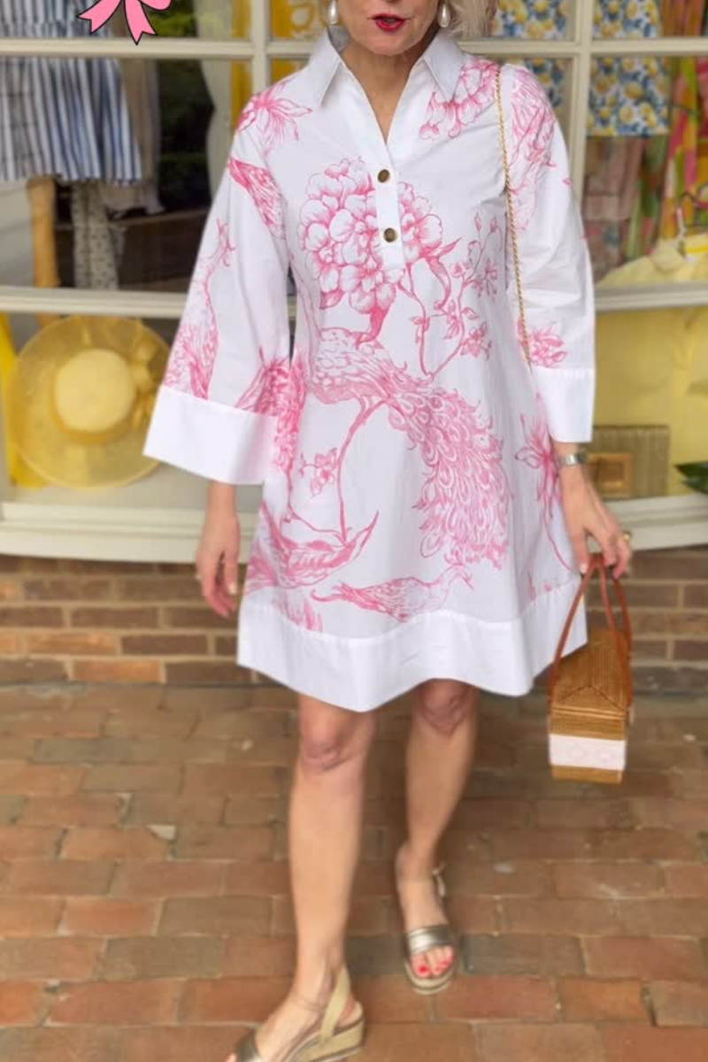 Vibrant Pink Botanical Peacock Midi Dress